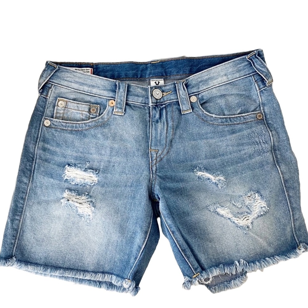 TRUE RELIGION Jayde Mid Rise Distressed Jean Shorts Frayed Edges Size 27
